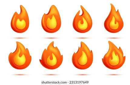 3d fire flame collection isolated on white background. 3d cartoon vector illustration EPS10