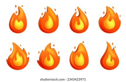 3d fire flame collection isolated on white background. 3d cartoon vector illustration EPS10