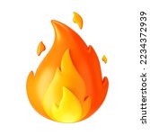 3d fire flame icon with burning red hot sparks isolated on white background. Render sprite of fire emoji, energy and power concept. 3d cartoon simple vector illustration