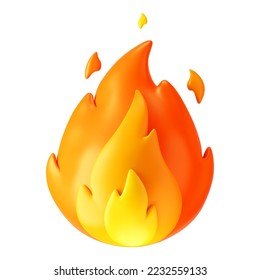 3d fire flame icon with burning red hot sparks isolated on white background. Render sprite of fire emoji, energy and power concept. 3d cartoon simple vector illustration