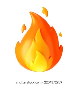3d fire flame icon with burning red hot sparks isolated on white background. Render sprite of fire emoji, energy and power concept. 3d cartoon simple vector illustration