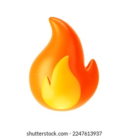 Icono de la llama de fuego 3d aislado en fondo blanco. Representación de emoji de fuego, energía y concepto de poder. 3.ª ilustración vectorial simple de dibujos animados