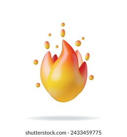 Icono de llama de fuego 3d aislado sobre fondo blanco. Presentar Fuego ardiente o Fogata. Símbolo Emoji de Fuego de Dibujos Animados, Energía y Power Sign. Ilustración vectorial realista