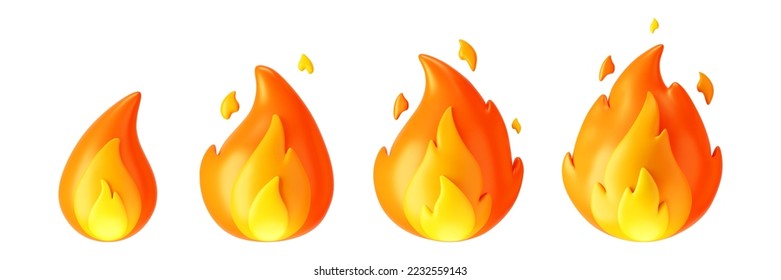 3d fire flame icons set with burning red hot sparks isolated on white background. Render sprite of fire emoji, energy and power concept. 3d cartoon simple vector illustration