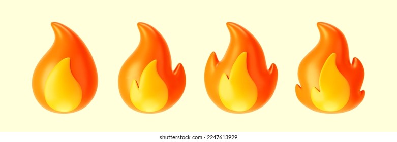 3d fire flame icons set isolated on light background. Render sprite of fire emoji, energy and power concept. 3d cartoon simple vector illustration