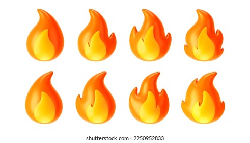 3d fire flame icons set isolated on white background. Render sprite of fire emoji, energy and power concept. 3d cartoon simple vector illustration
