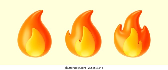 3d fire flame icons set isolated on light background. Render sprite of fire emoji, energy and power concept. 3d cartoon simple vector illustration