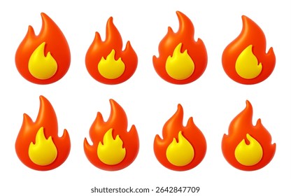 3d fire flame icons set. Isolated vector burning blaze with hot red and yellow tongues. Emoji symbols with glossy effect. Cartoon bonfire render represents heat, energy, excitement or passion emotions