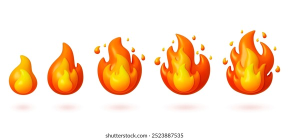 Llamas de fuego 3D. Los incendios se disparan paso a paso. Símbolos de energía de gas, luces, iconos de fogata de diferentes tamaños. Elementos de Vector pithy de dibujos animados de render aislados