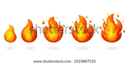 3d fire flames. Fires flares up step by step. Gas power symbols, lights campfire icons different size. Isolated render cartoon pithy vector elements