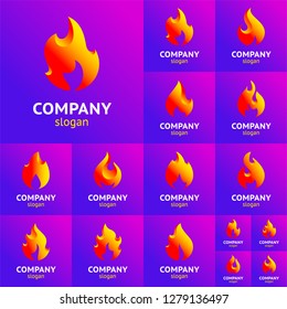 3d fire flames set, trendy colored symbols on gradient background