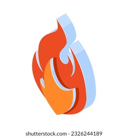 3d fire icon in isometric projection. Orange flame emoji isolated on a white background, vector.