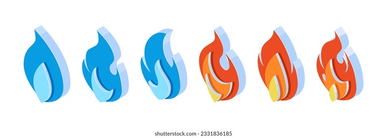 3d fire icons in isometric projection. Orange flame and blue gas emoji isolated on a white background.