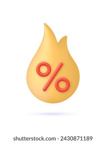 Icono de Incendio 3D y porcentaje. Ventas con una excelente oferta. Oferta especial de promoción. Vector moderno y moderno en estilo 3d