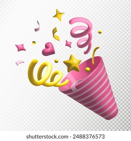 3D Firecracker with confetti and serpentine. Holiday popper explodes. 3D render. Party and event celebration. Simple minimal vector illustration isolated on white background. EPS 10.