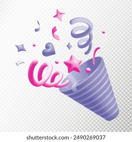 3D firecracker with confetti and serpentine. Holiday popper explodes. 3D render. Party and event celebration. Minimal vector illustration in purple-pink palette isolated on transparent background.