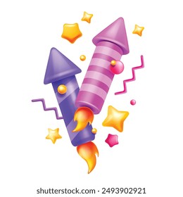 3D firecracker icon, vector cartoon festive petard confetti explosion, stars, holiday rocket flame. Surprise greeting design object success winner carnival birthday concept. Purple 3D firecracker