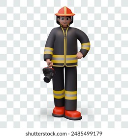 3D-Feuerwehrmann in Schutzuniform und Helm mit Schild. Männliche Rettungscharakter stehend