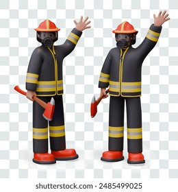 3D firefighter raised his hand up, view from different sides. Man in fireman protective suit