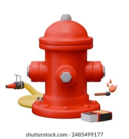 3D fireplug, hose, matchbox, lit match. Vector composition for warning posters