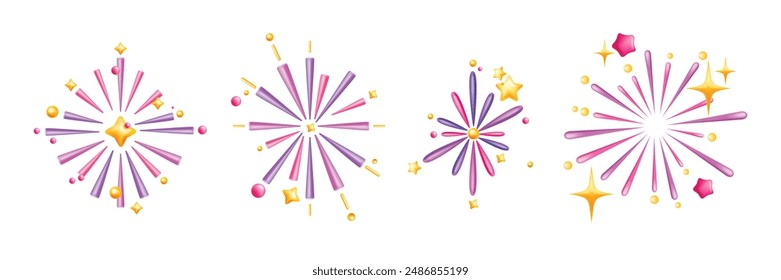 3D firework icon set, vector confetti New Year illustration, Christmas firecracker sparkle stars. Festive holiday rocket, fun colorful carnival explosion surprise clipart. Flying 3D birthday firework