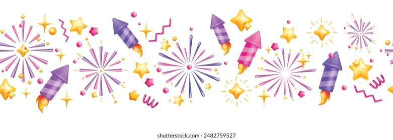 3D firework seamless border, vector confetti New Year frame, Christmas firecracker sparkle stars. Festive holiday rocket, fun colorful carnival explosion surprise petard banner. Flying 3D firework