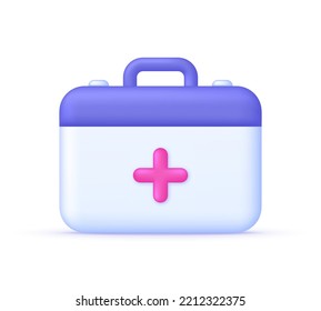 3D First aid kit illustration. Medical help suitcase, ambulance emergency box. Medical equipment for emergency. Healthcare concept. Trendy and modern vector in 3d style.