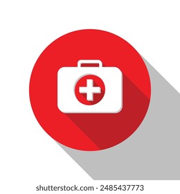 3d first aid kit on red circle with shadows. button, sign, symbol