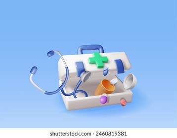 Kit de primeros auxilios 3d con estetoscopio y envase de píldoras aislado. Bolsa de fotorrealismo para medicamentos y comprimidos. Salud, hospital y diagnóstico médico. Servicios de urgencia y emergencia. Ilustración vectorial