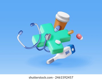 Kit de primeros auxilios 3d con estetoscopio, termómetro y envase de píldoras. Presente la medicación en forma de cruz y comprimidos. Salud, hospital y diagnóstico médico. Servicios de urgencia y emergencia. Ilustración vectorial