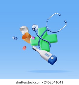 3d first aid kit with stethoscope, thermometer and pill container. Render medicine cross and tablets. Healthcare, hospital and medical diagnostics. Urgency and emergency services. Vector illustration