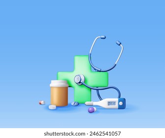 3d first aid kit with stethoscope, thermometer and pill container. Render medicine cross and tablets. Healthcare, hospital and medical diagnostics. Urgency and emergency services. Vector illustration