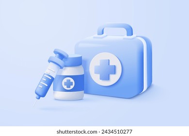 3D Erste-Hilfe-Medizin-Box mit Plus-Symbol. Impfmedizinische Ausrüstung, Notfallpackung, Krankenhaus- oder Krankenwagen-Sicherheitsbeutel, Arzneimittel für die medizinische Apotheke. 3D Medizin Heilung Symbol Vektor Render Illustration