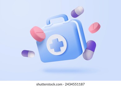 3D Erste-Hilfe-Medizin-Box mit Plus-Symbol. Impfmedizinische Ausrüstung, Notfallpackung, Krankenhaus- oder Krankenwagen-Sicherheitsbeutel, Arzneimittel für die medizinische Apotheke. 3D Medizin Heilung Symbol Vektor Render Illustration