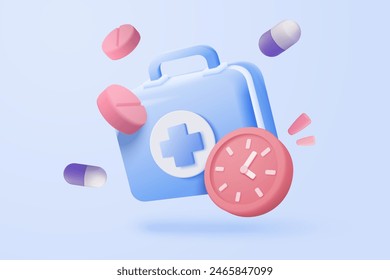 3d first aid medicine box with plus icon. Vaccination medical equipment, emergency pack, hospital or ambulance safety bag. medical pharmacy medicament. 3d medicine cure icon vector render illustration