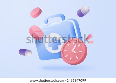 3d first aid medicine box with plus icon. Vaccination medical equipment, emergency pack, hospital or ambulance safety bag. medical pharmacy medicament. 3d medicine cure icon vector render illustration