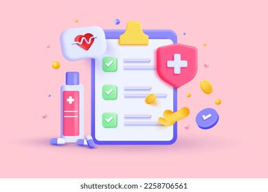 3d first aid medicine with check list for health pharmaceutical. Minimal of first aid and health care check. Medical of emergency. 3d Vector illustration