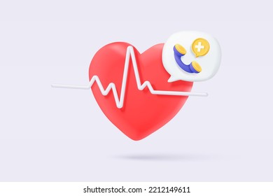 3d first aid medicine and emergency call to hospital for diagnostic health pharmaceutical. Heart checkup online consultation with call center. 3d diagnostic urgency icon vector render illustration