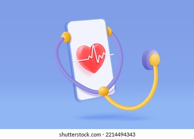 3d first aid medicine and emergency call to hospital for diagnostic health pharmaceutical. Heart checkup online consultation with doctor on phone. 3d diagnostic urgency icon vector render illustration