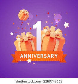 3d First Anniversary Concept Cartoon Style with Different Present Boxes. Vector illustration of Greeting Celebration One Year svg