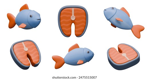 Pescado 3D, filete rojo en diferentes posiciones. Salmón en estilo de dibujos animados