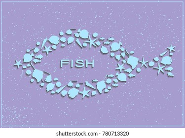 3d fish-frame consisting of fish, seashells, sea stars. vector background with text