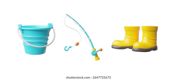 3D Fishing Set, Yellow Rubber Boots, Fishing Rod with Hook, Blue Bucket. Fishing Tackle and Safety Shoes. Leisure, Vacation Concept. Equipment. Isolated Background. Vector Illustration.