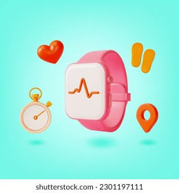 3d Fitness Bracelet Electronic Gadget for Sports Concept Cartoon Style. Vector illustration of Smart Watch Pulse Heart