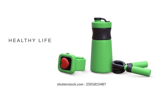 3d fitness bracelet, Shaker water bottle and Carpal expander. Vector illustration.