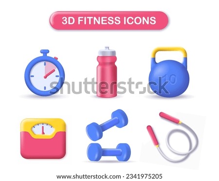 3D fitness icons set. Timer and scales, dumbbells and water bottle, fitball. Active lifestyle and sports, workout equipment. Cartoon isometric vector collection isolated on white background