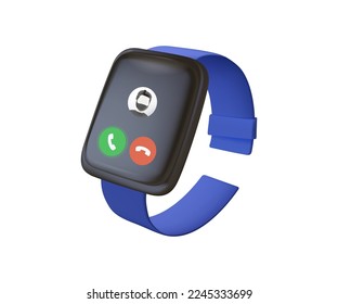 3D Fitness Trackers, Smart Watches icon with Call or Sms Notification on Display. Modern Devices, Smartwatch Electronic Gadgets For Health Monitoring Isolated on White. 3D render Vector Illustration