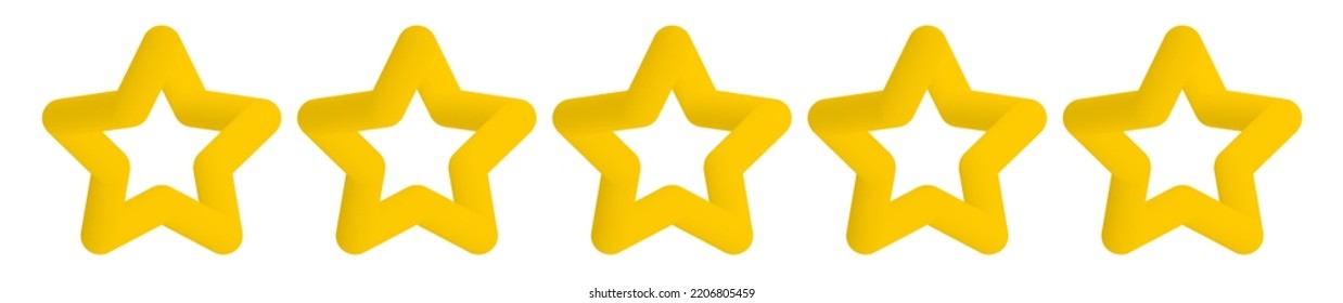 3d five gold stars icon in cartoon style isolated on white background. Star rating symbol. Customer quality symbol. Vector product rating review, modern yellow star shapes icon for hotel, restaurant