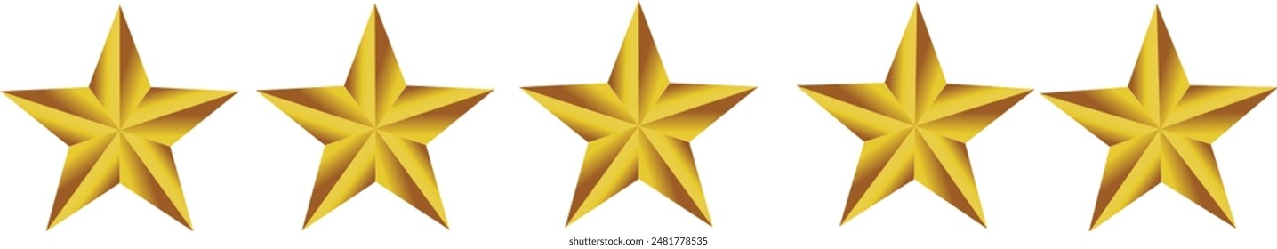 Icono de cinco estrellas 3D, ícono de clasificación de cinco estrellas, símbolo de oro de cinco estrellas, clasificación de Clientes, Comentarios