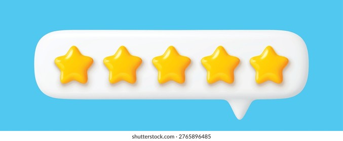 3d five star rate customer review feedback icon. Vector five gold stars in realistic speech bubble for customer satisfaction evaluation, quality rating, good service review rank and best product rate